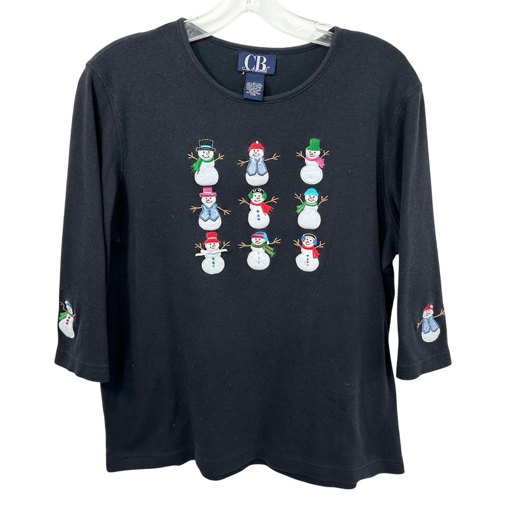 CB Casual Large Top Christmas Black Embroidered Snowman Holiday VTG 1835
